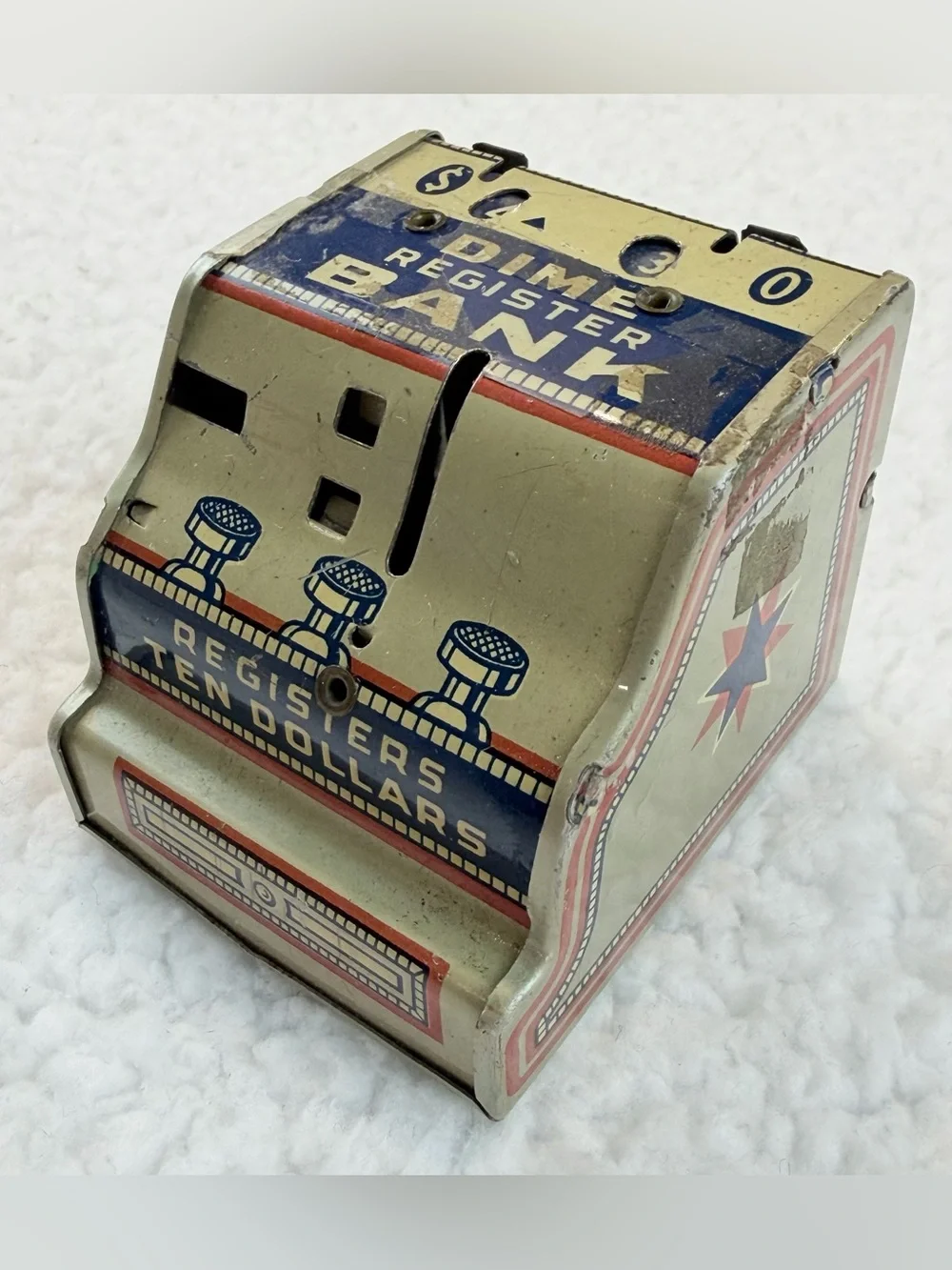 (VTG) J. CHEIN & CO • Tin Litho Mechanical Dime Register Coin Bank Made in USA